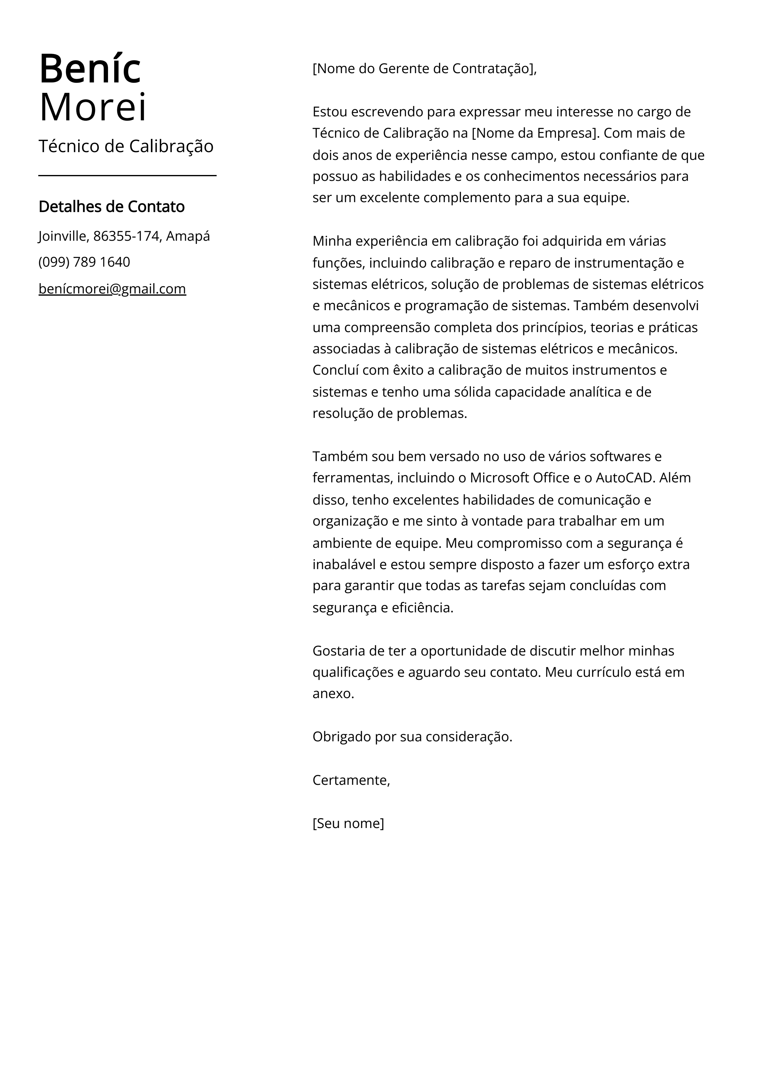 Exemplo de Carta de Apresentação de Técnico de Calibração