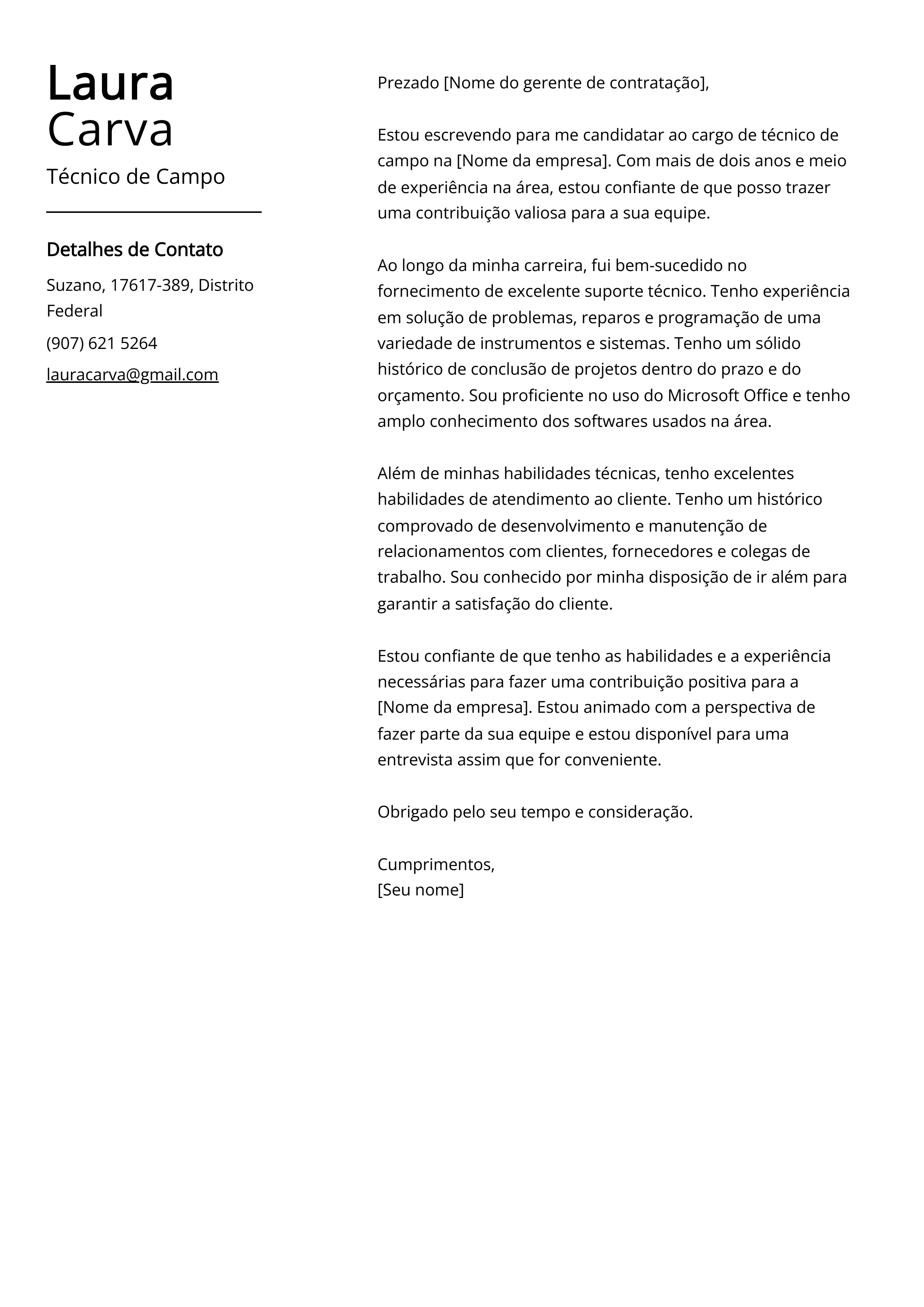 Exemplo de Carta de Apresentação de Técnico de Campo