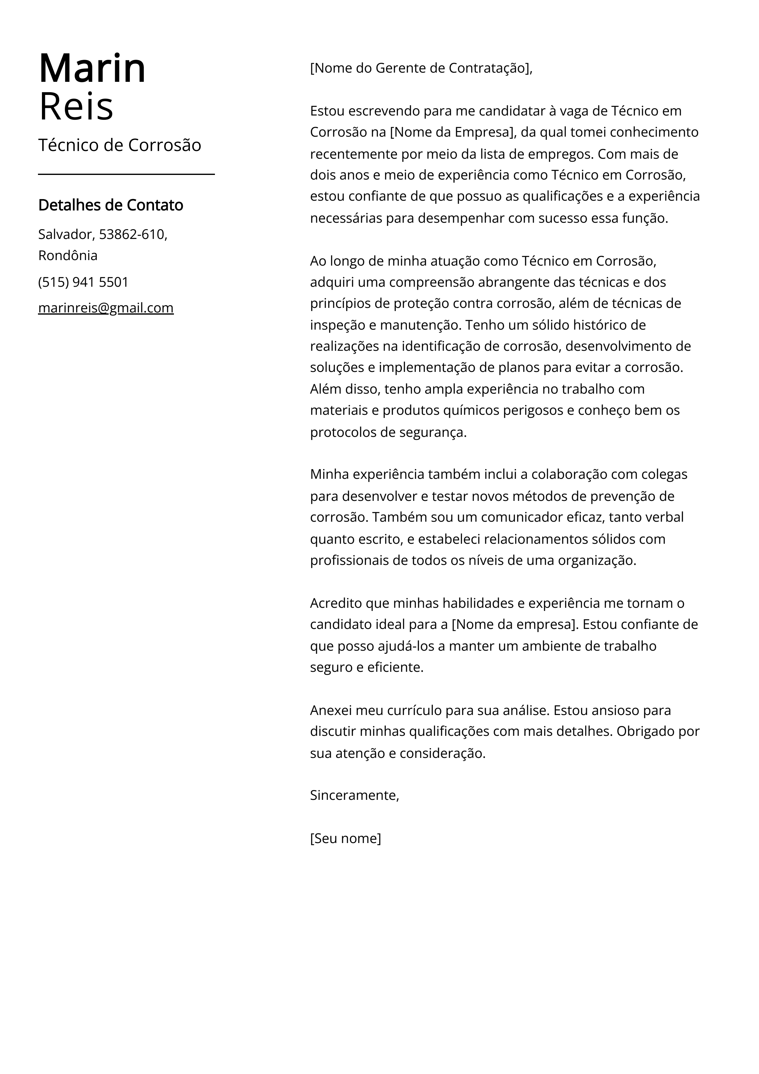 Exemplo de Carta de Apresentação de Técnico de Corrosão