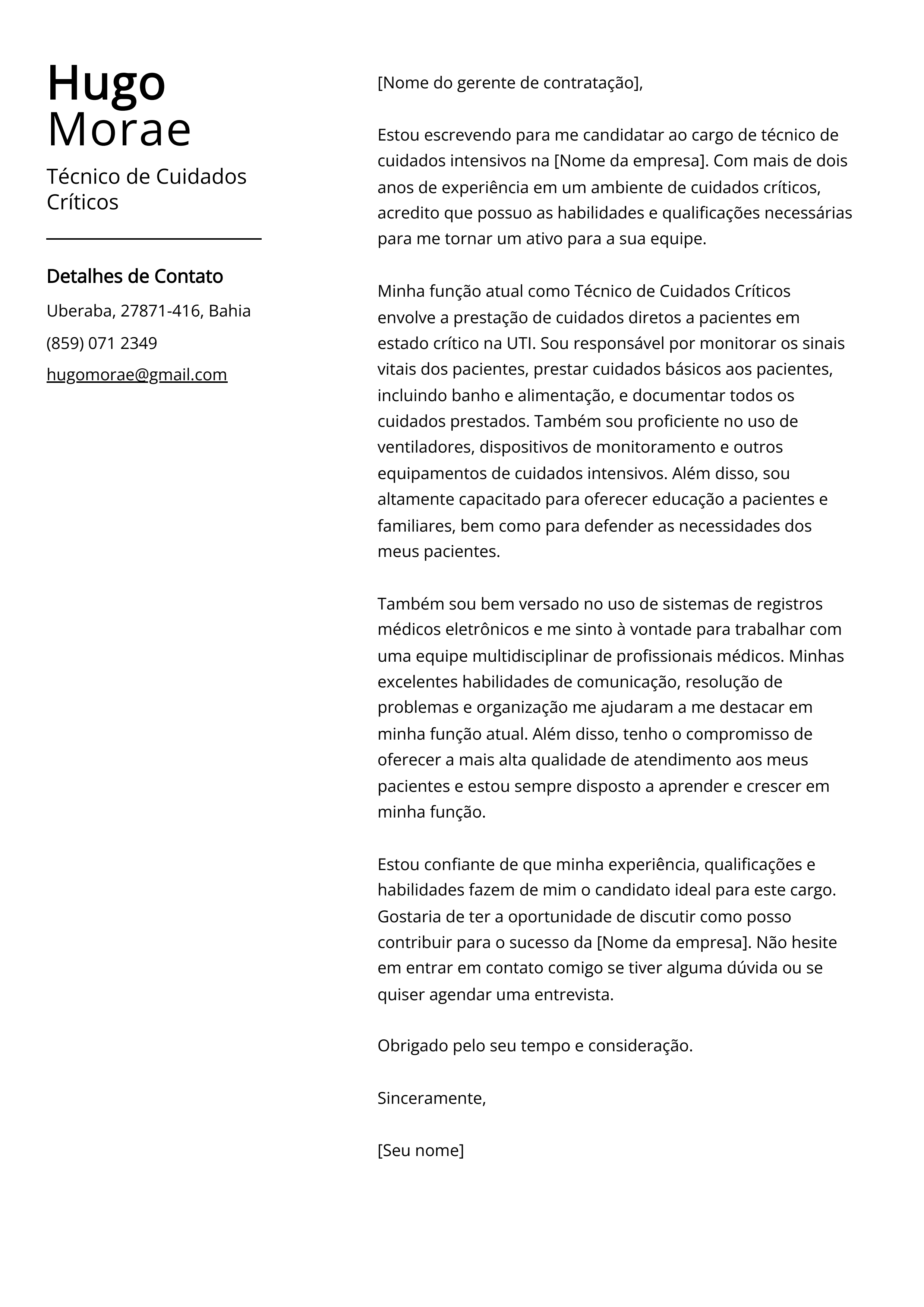 Exemplo de Carta de Apresentação de Técnico de Cuidados Críticos