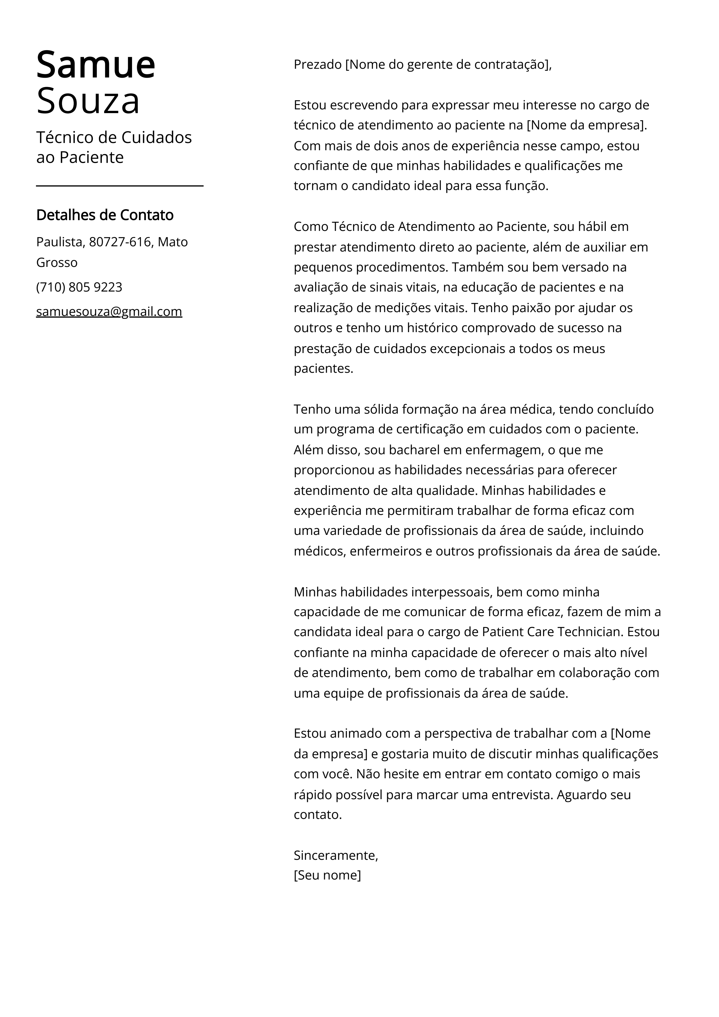 Exemplo de carta de apresentação do Técnico de Cuidados ao Paciente