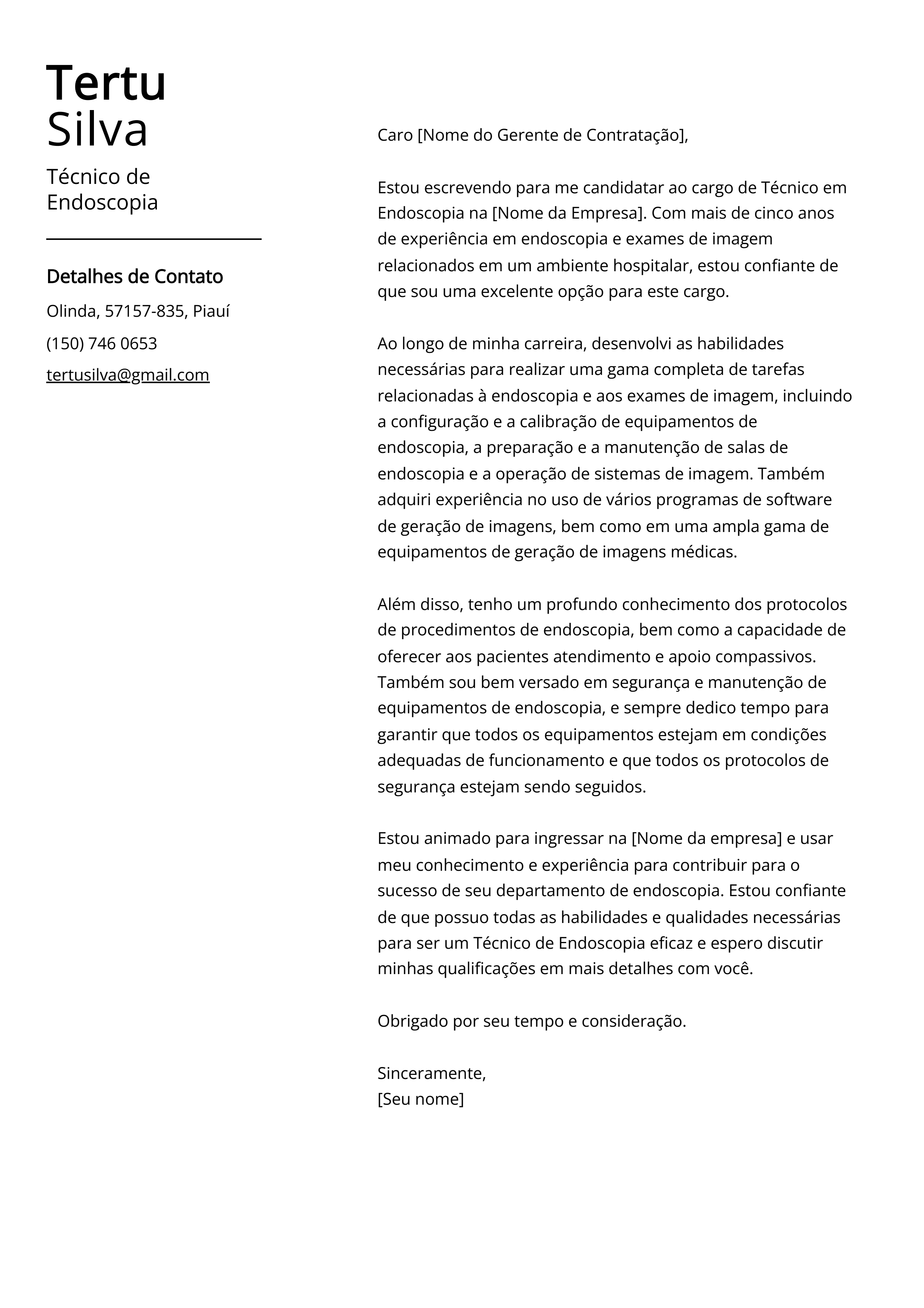 Exemplo de Carta de Apresentação de Técnico de Endoscopia