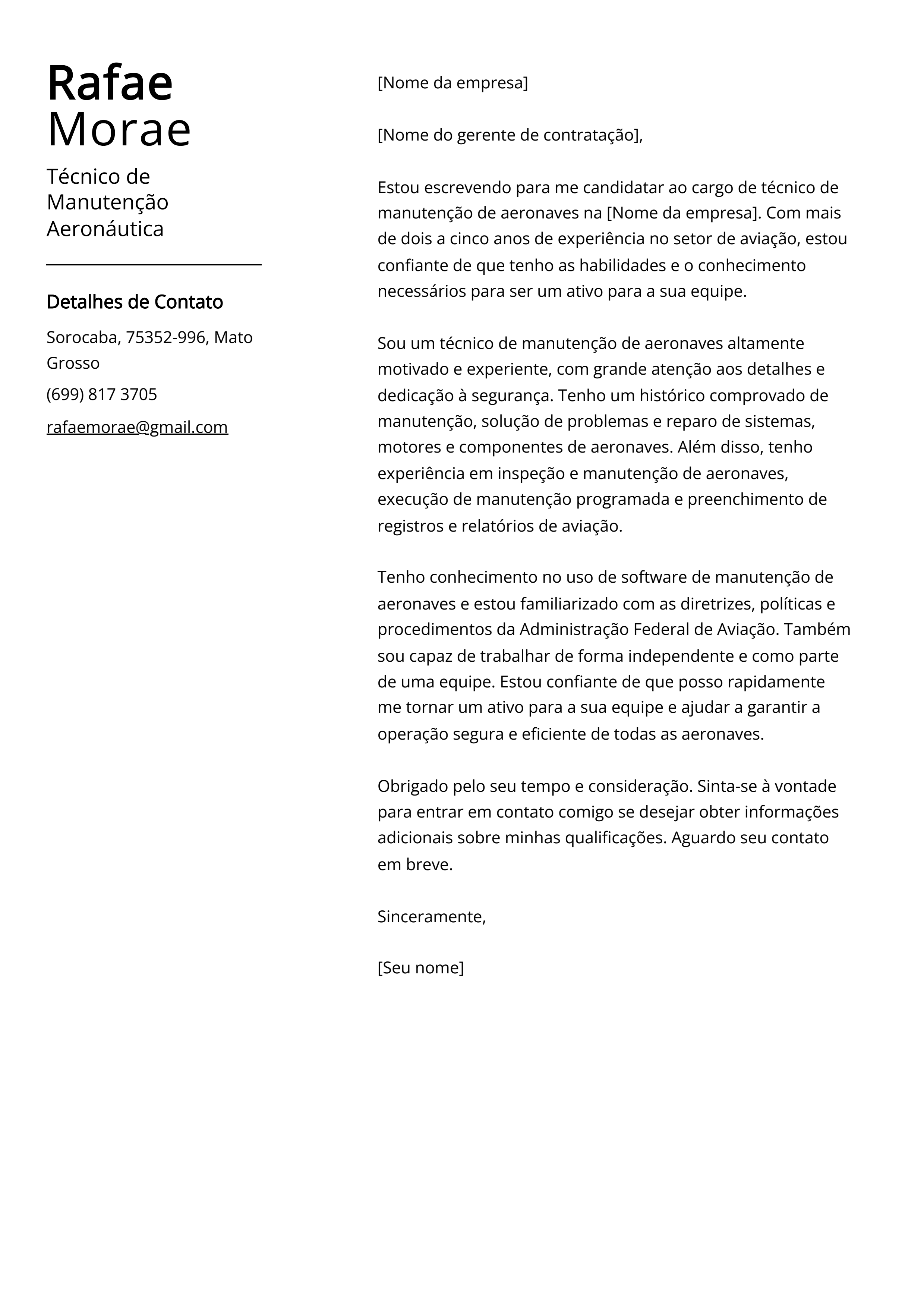 Exemplo de Carta de Apresentação de Técnico de Manutenção Aeronáutica