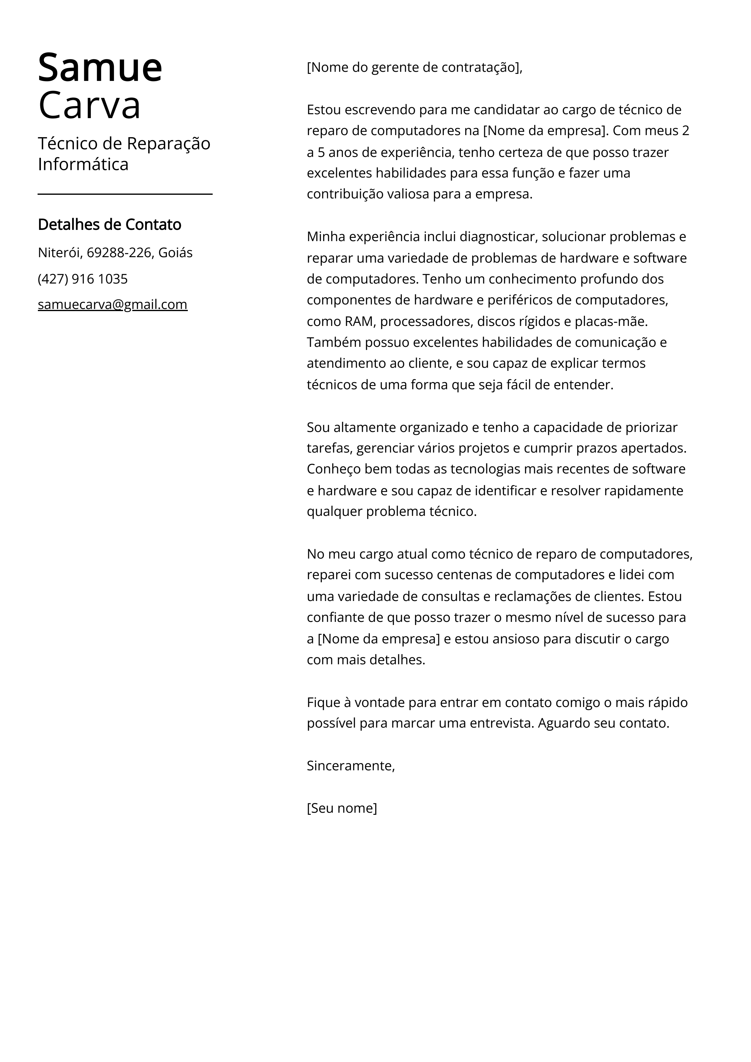 Exemplo de Carta de Apresentação de Técnico de Reparação Informática