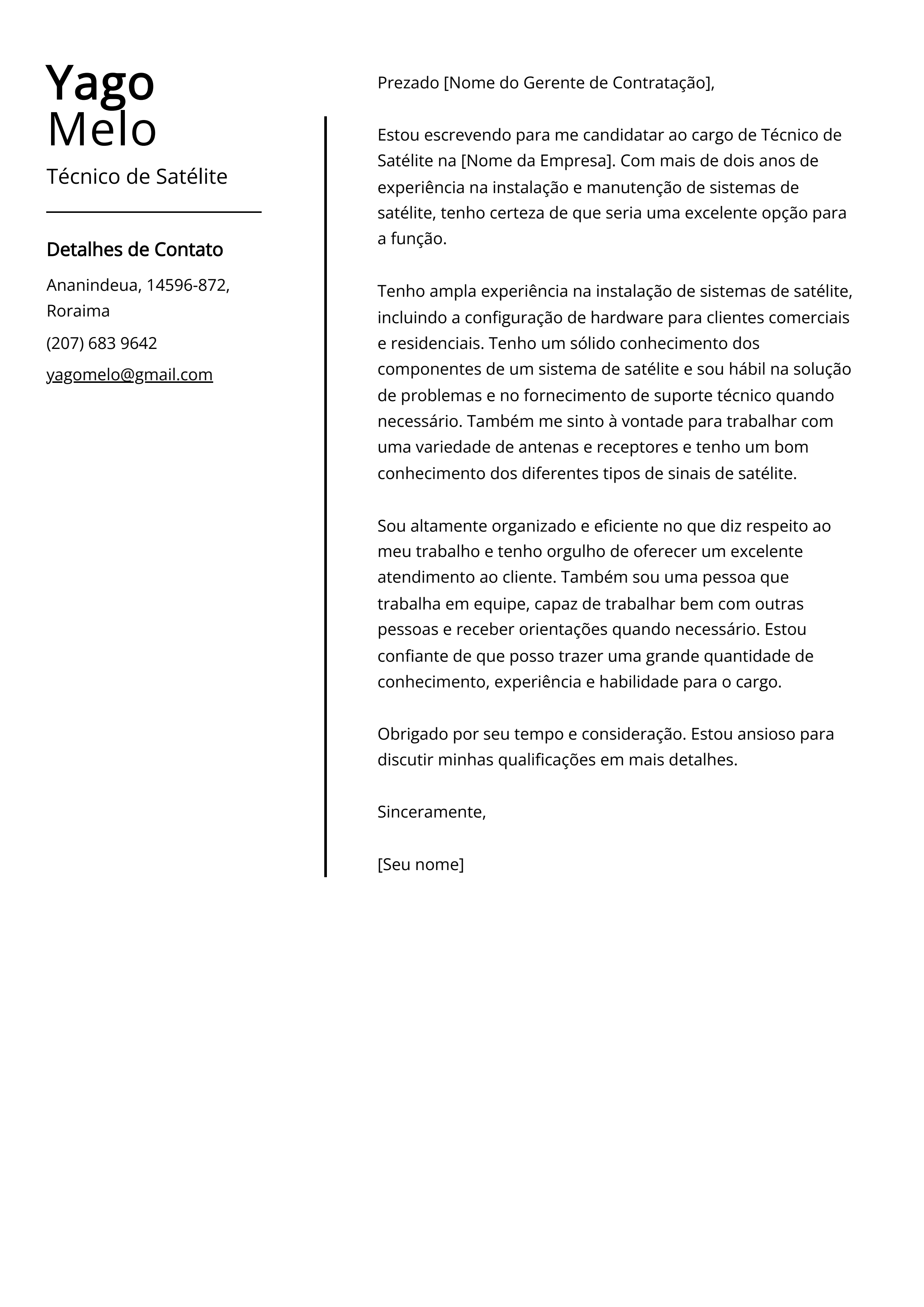 Exemplo de Carta de Apresentação de Técnico de Satélite