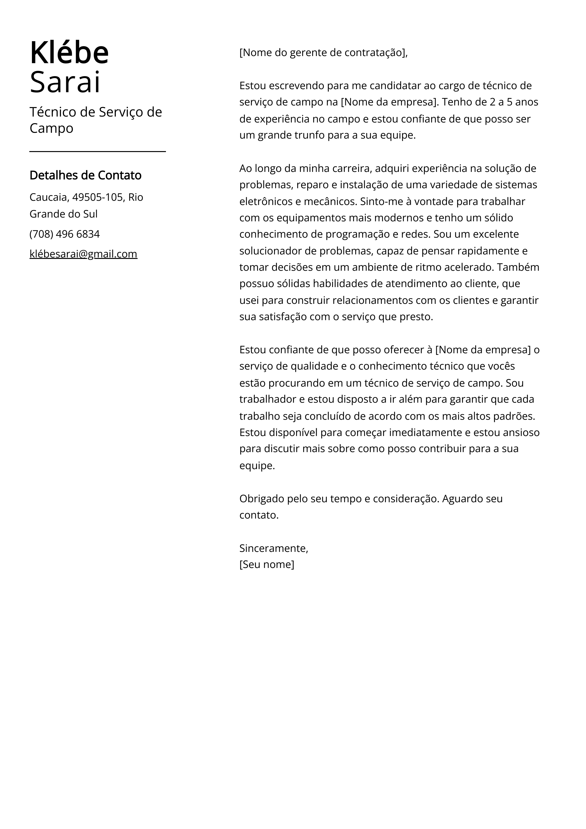 Exemplo de Carta de Apresentação de Técnico de Serviço de Campo