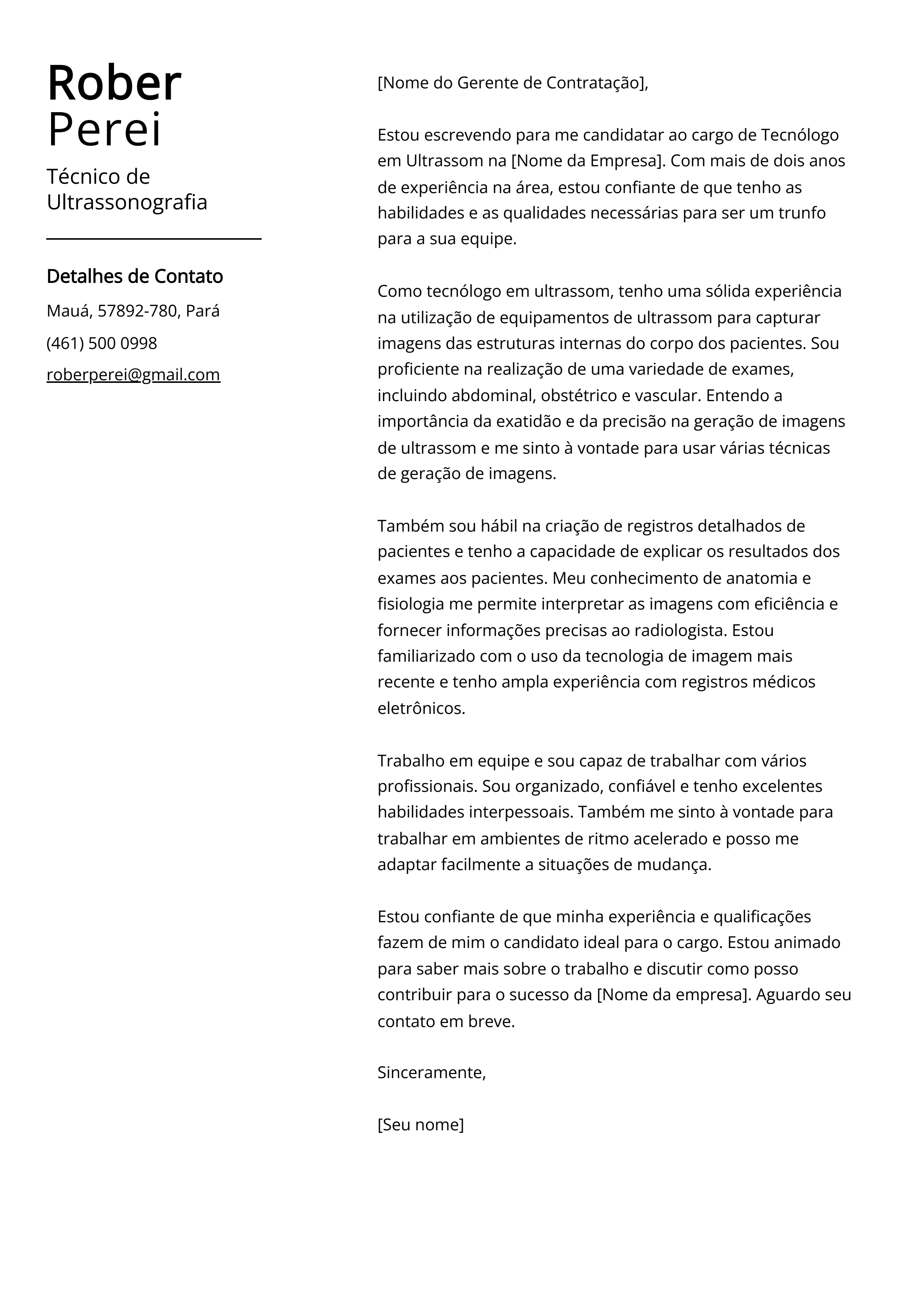 Exemplo de Carta de Apresentação de Técnico de Ultrassonografia