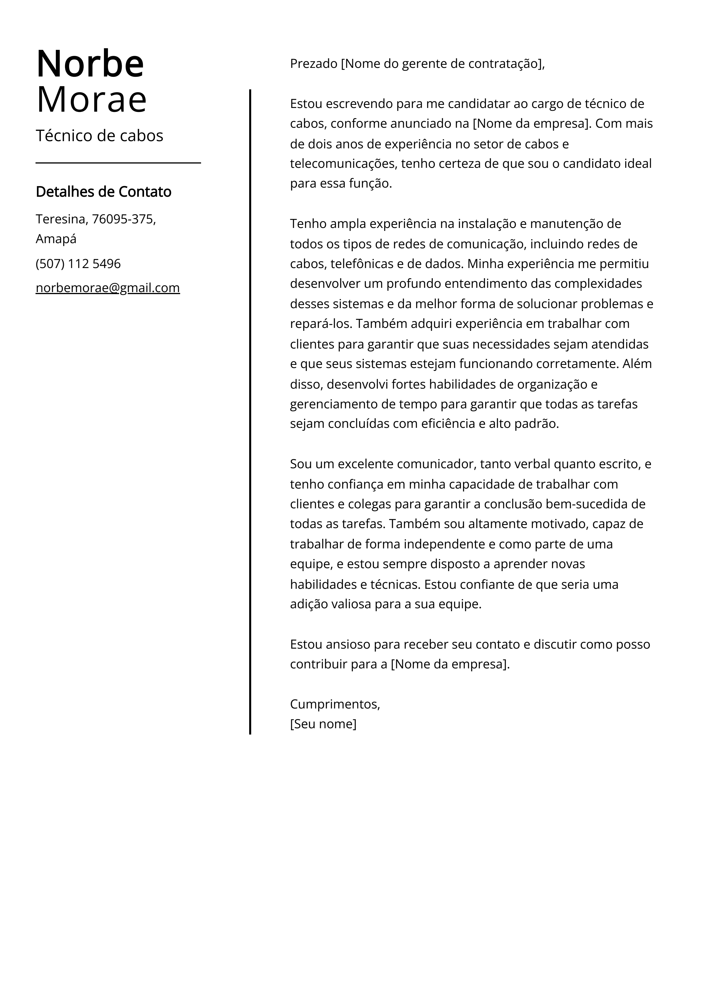 Exemplo de carta de apresentação de técnico de cabos