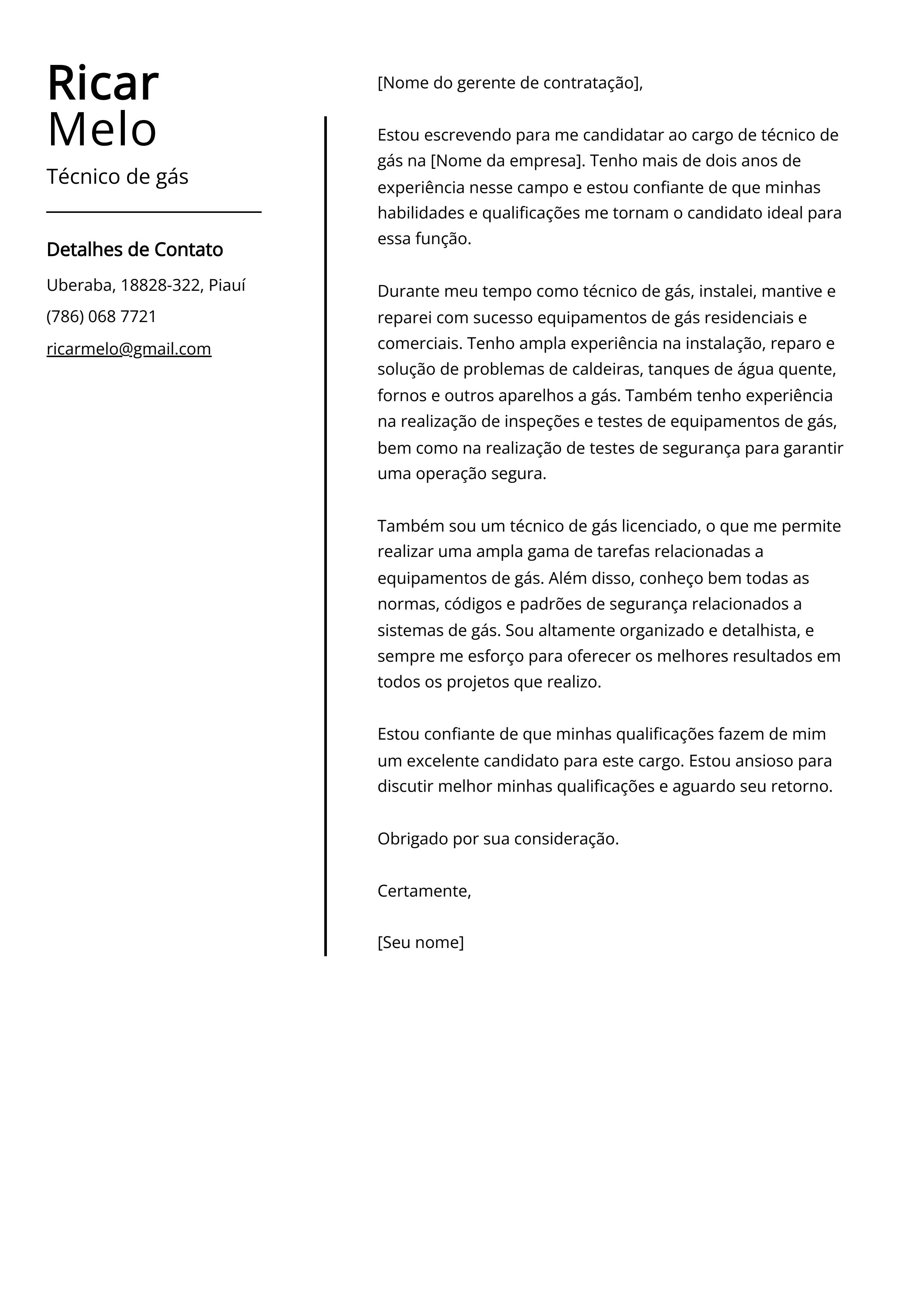 Exemplo de carta de apresentação de técnico de gás