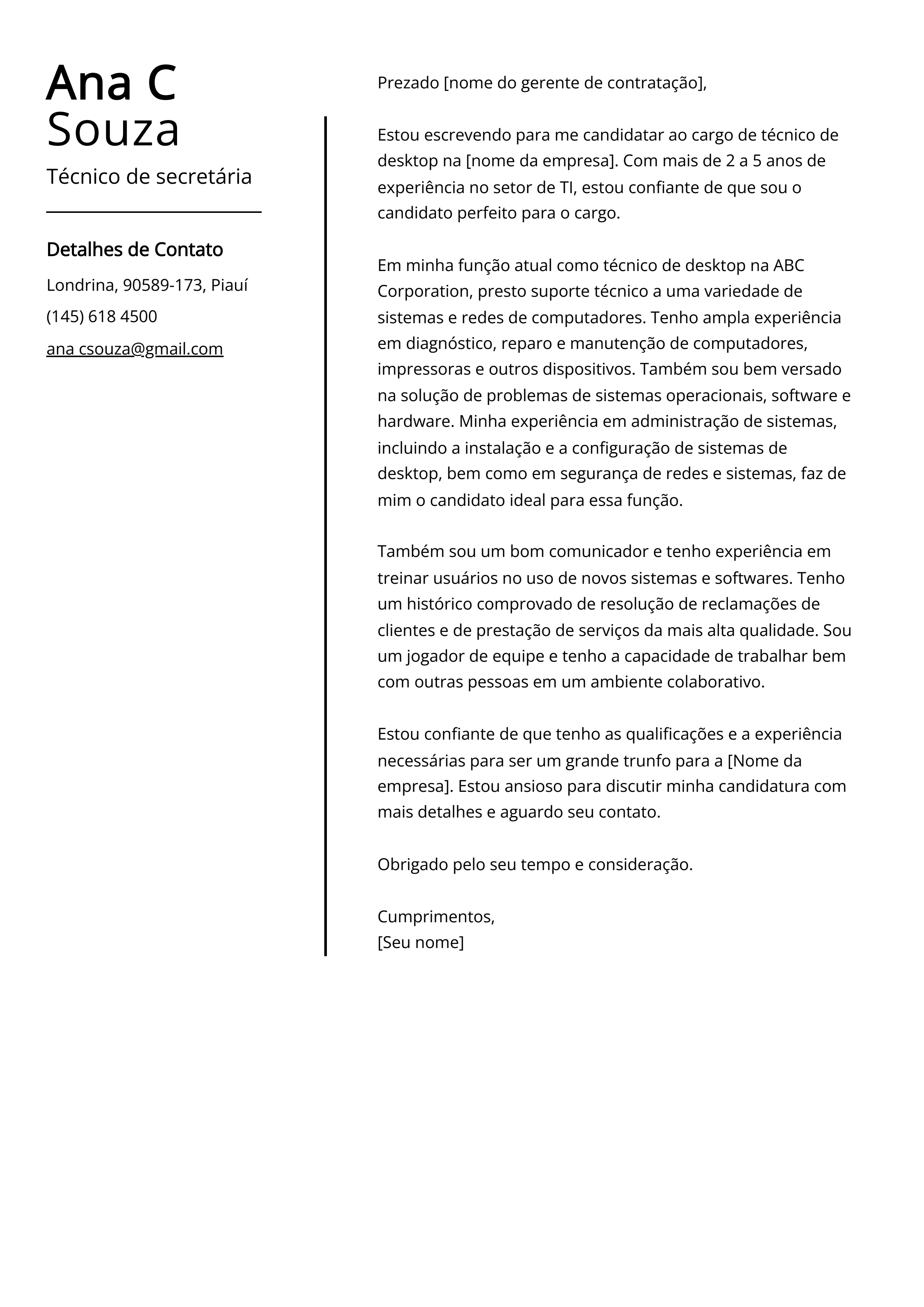 Exemplo de carta de apresentação de técnico de secretariado