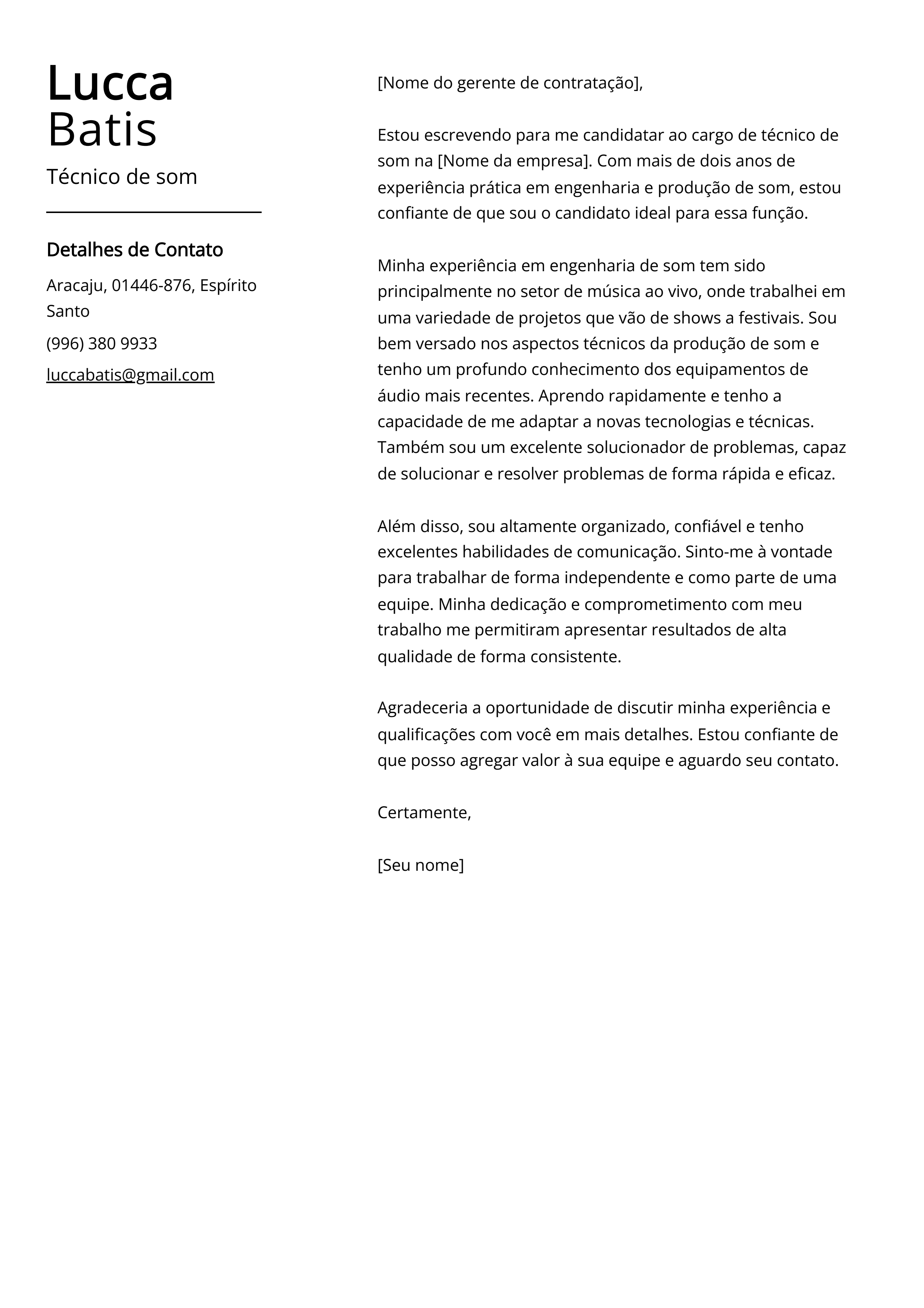 Exemplo de carta de apresentação de técnico de som