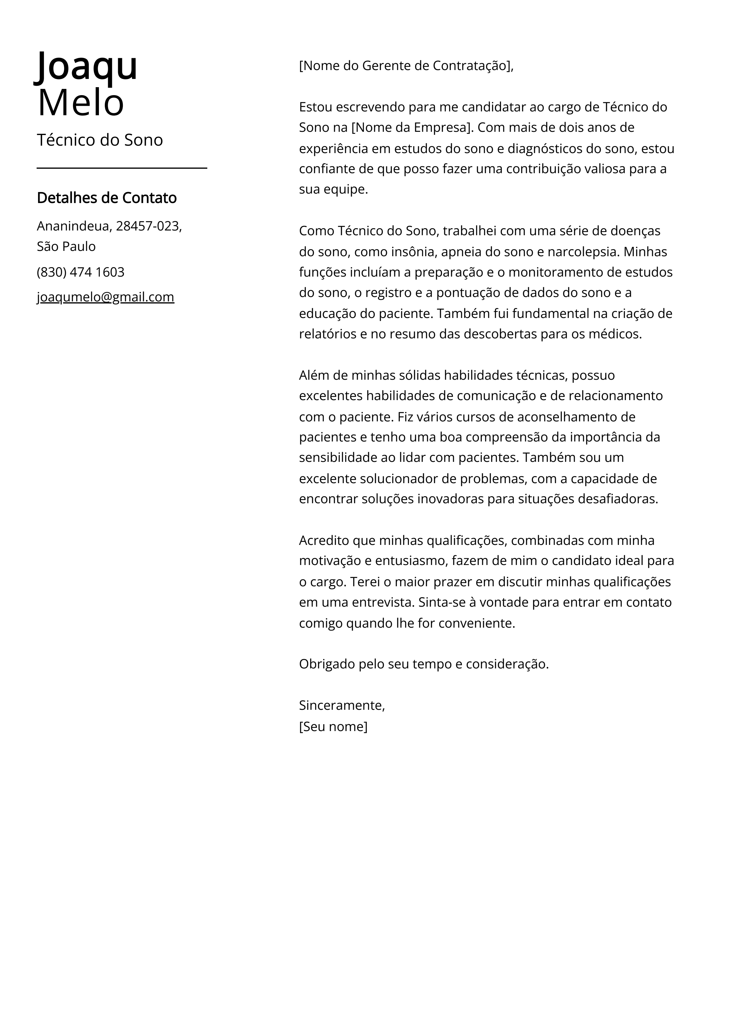 Exemplo de carta de apresentação do Técnico do Sono