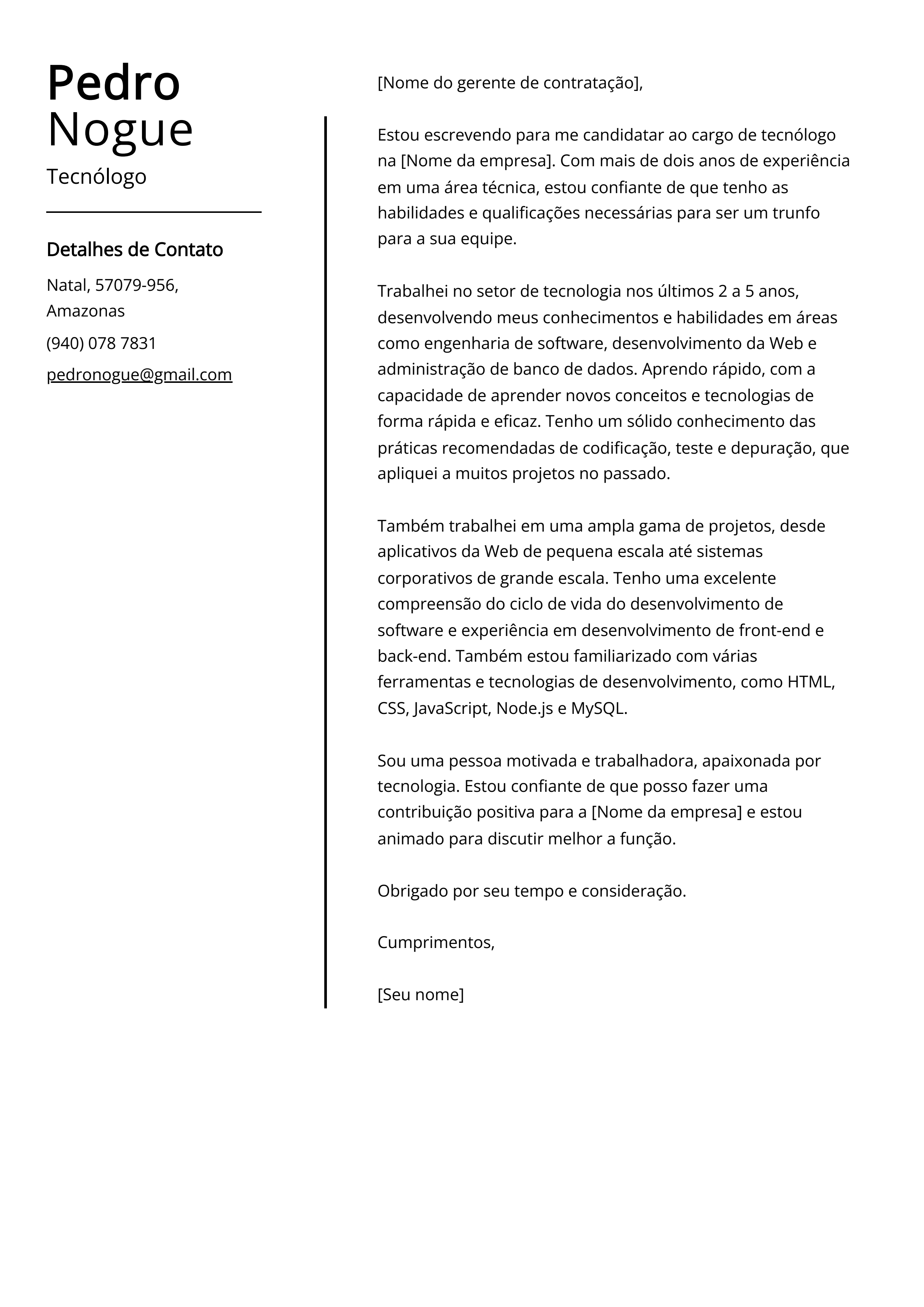 Exemplo de carta de apresentação de tecnólogo