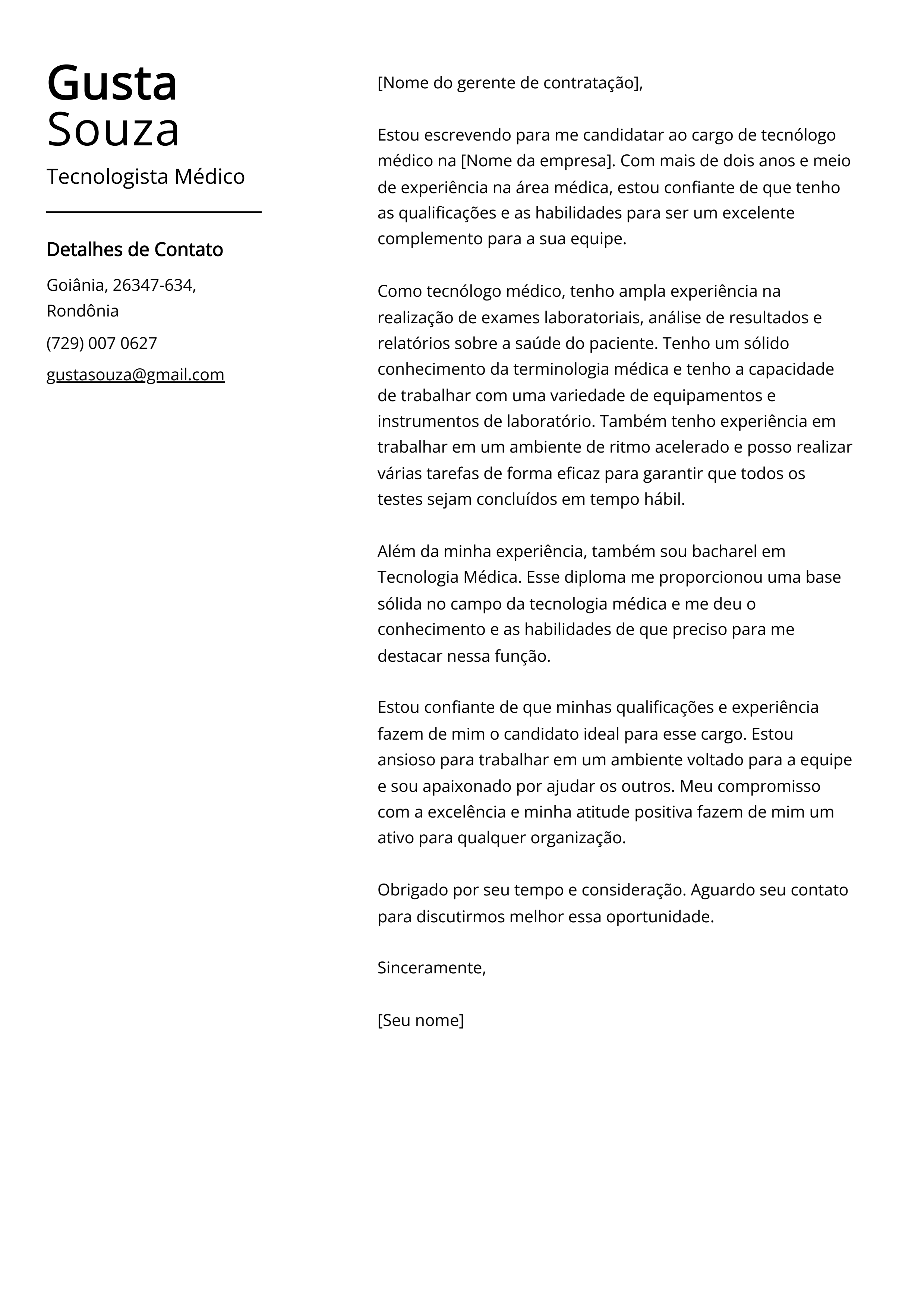 Exemplo de carta de apresentação de tecnólogo médico