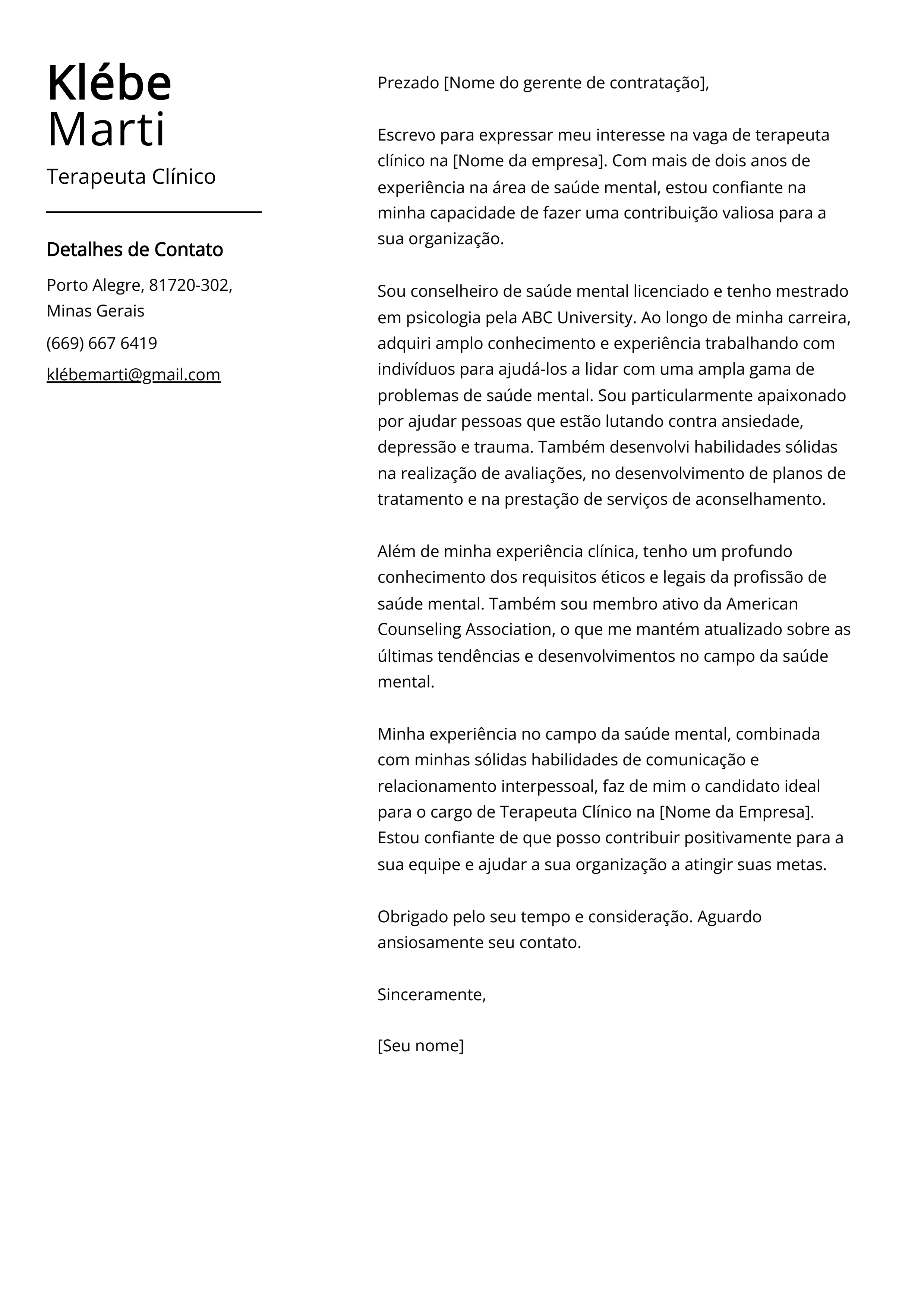 Exemplo de Carta de Apresentação do Terapeuta Clínico