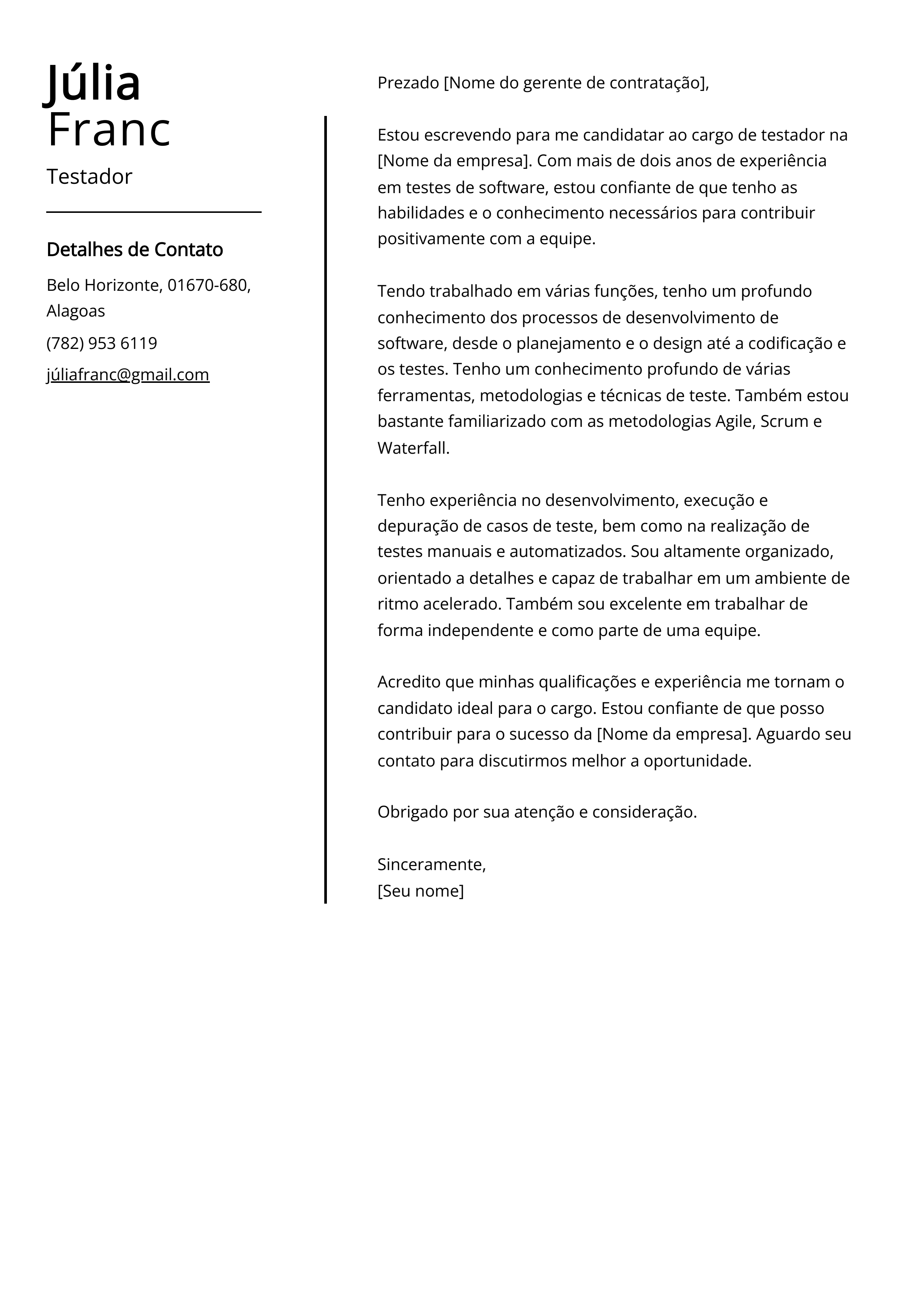 Exemplo de carta de apresentação de testador