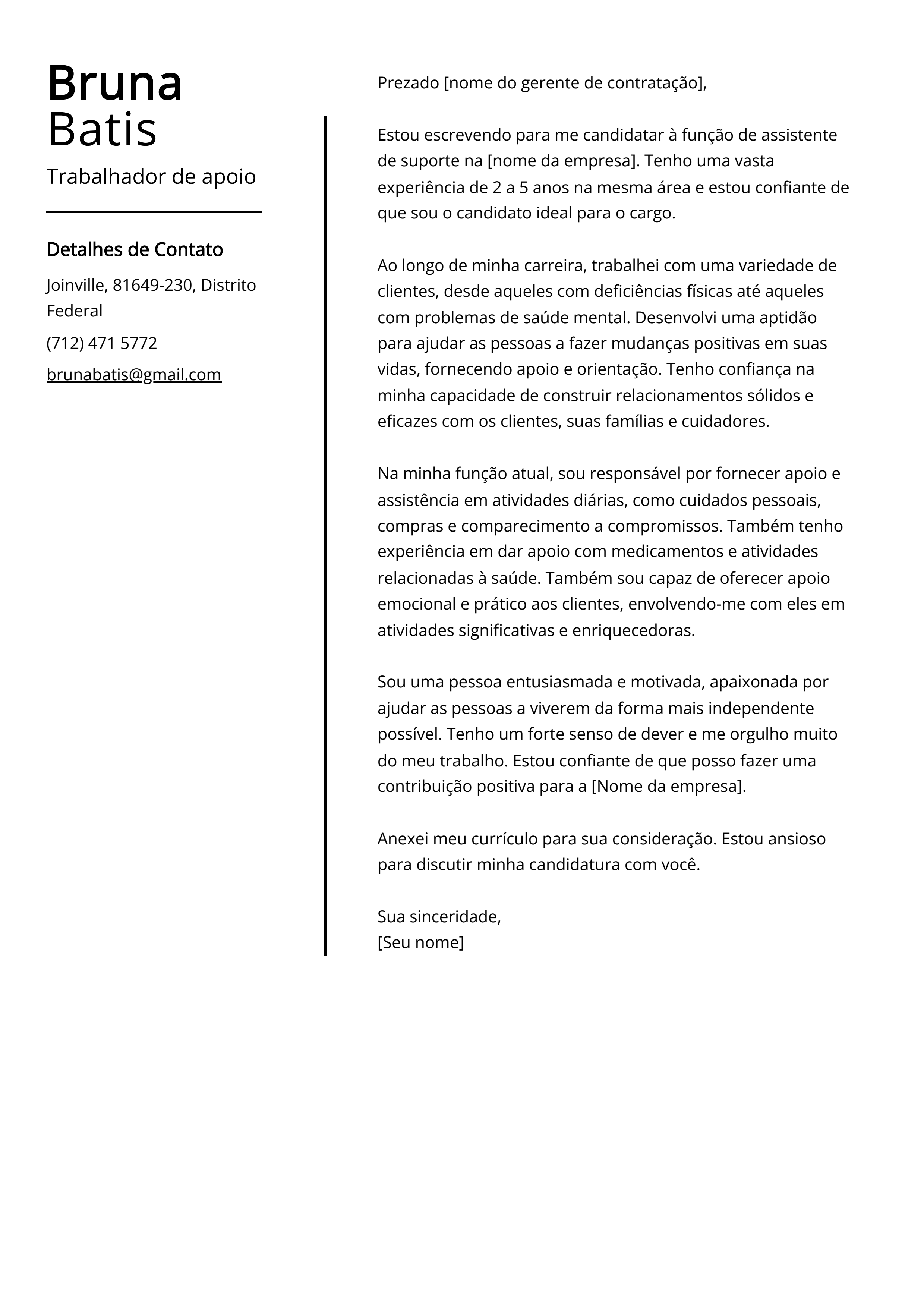 Exemplo de carta de apresentação de Trabalhador de apoio