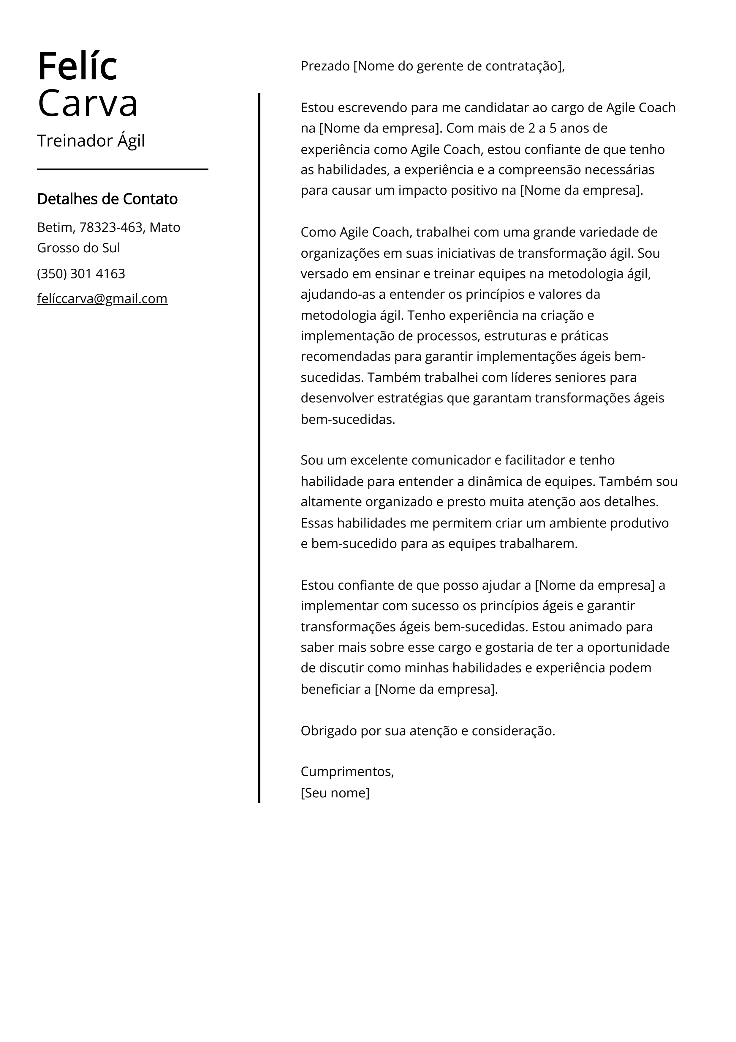 Exemplo de carta de apresentação do Treinador Ágil