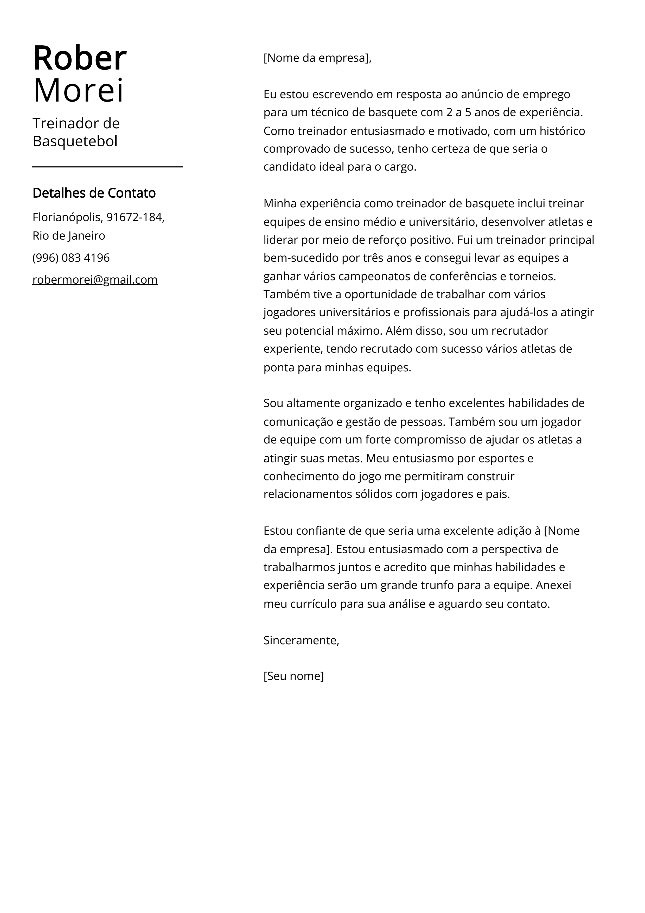 Exemplo de carta de apresentação do Treinador de Basquetebol