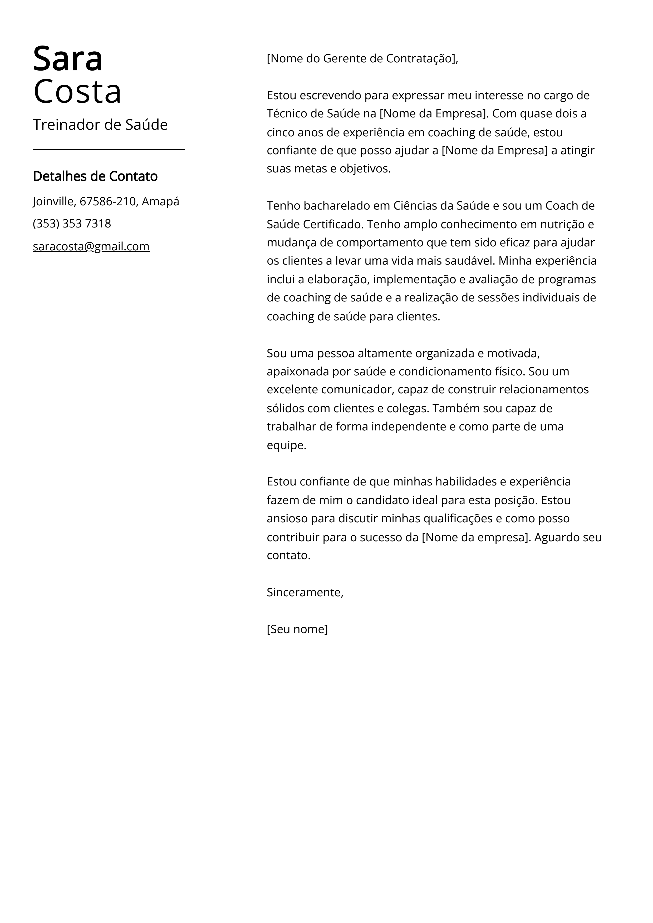 Exemplo de carta de apresentação do Treinador de Saúde