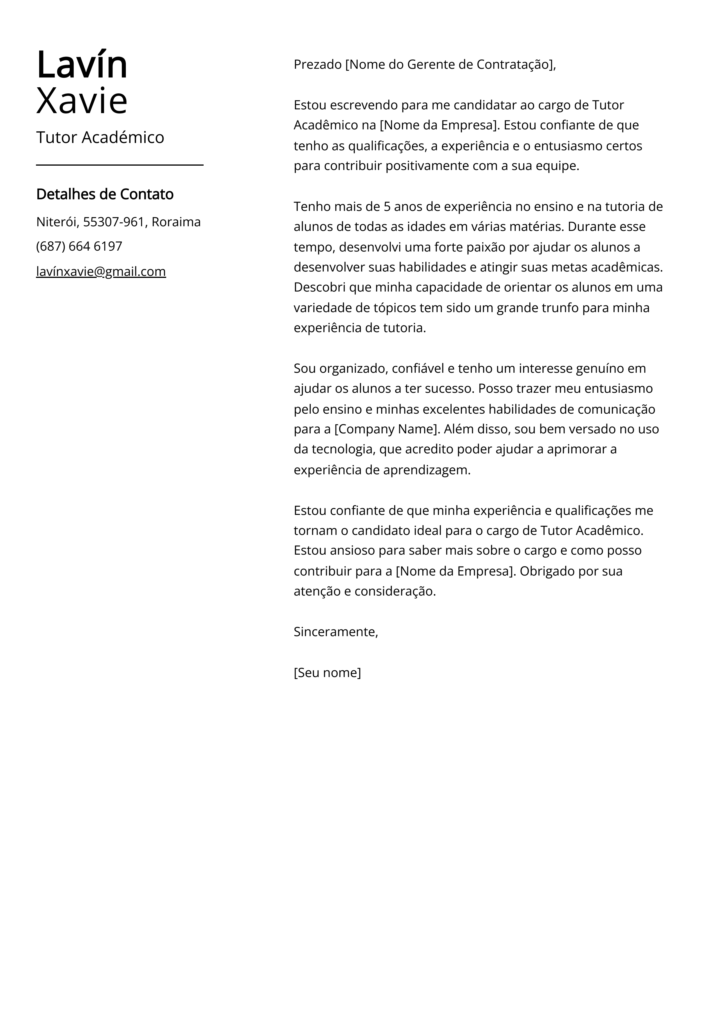 Exemplo de Carta de Apresentação de Tutor Acadêmico