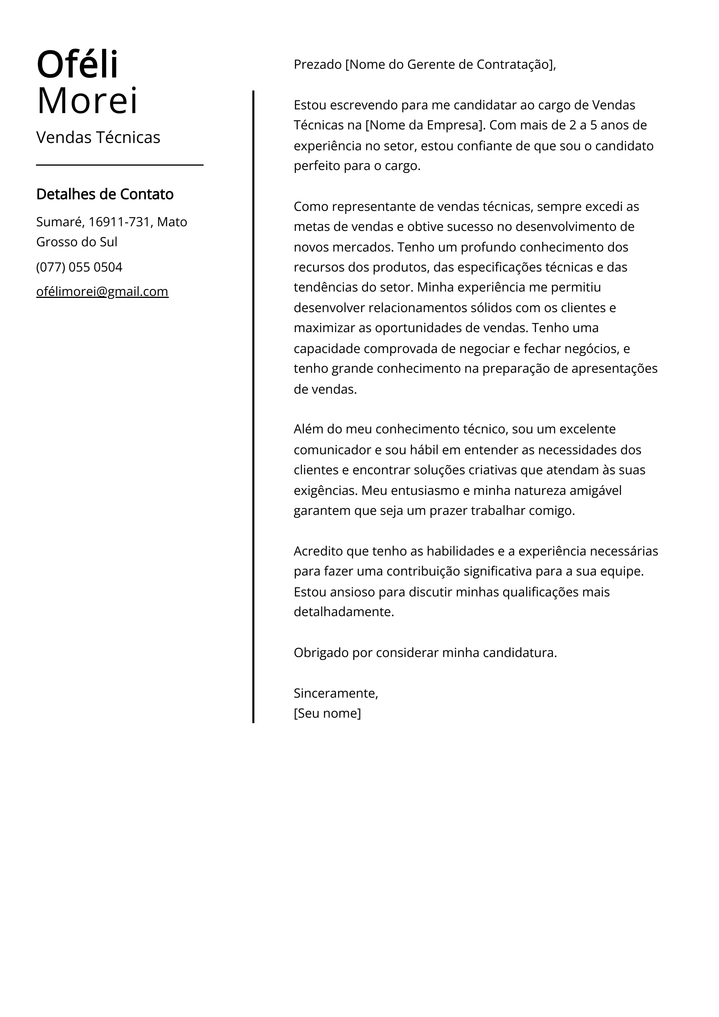 Exemplo de carta de apresentação de vendas técnicas