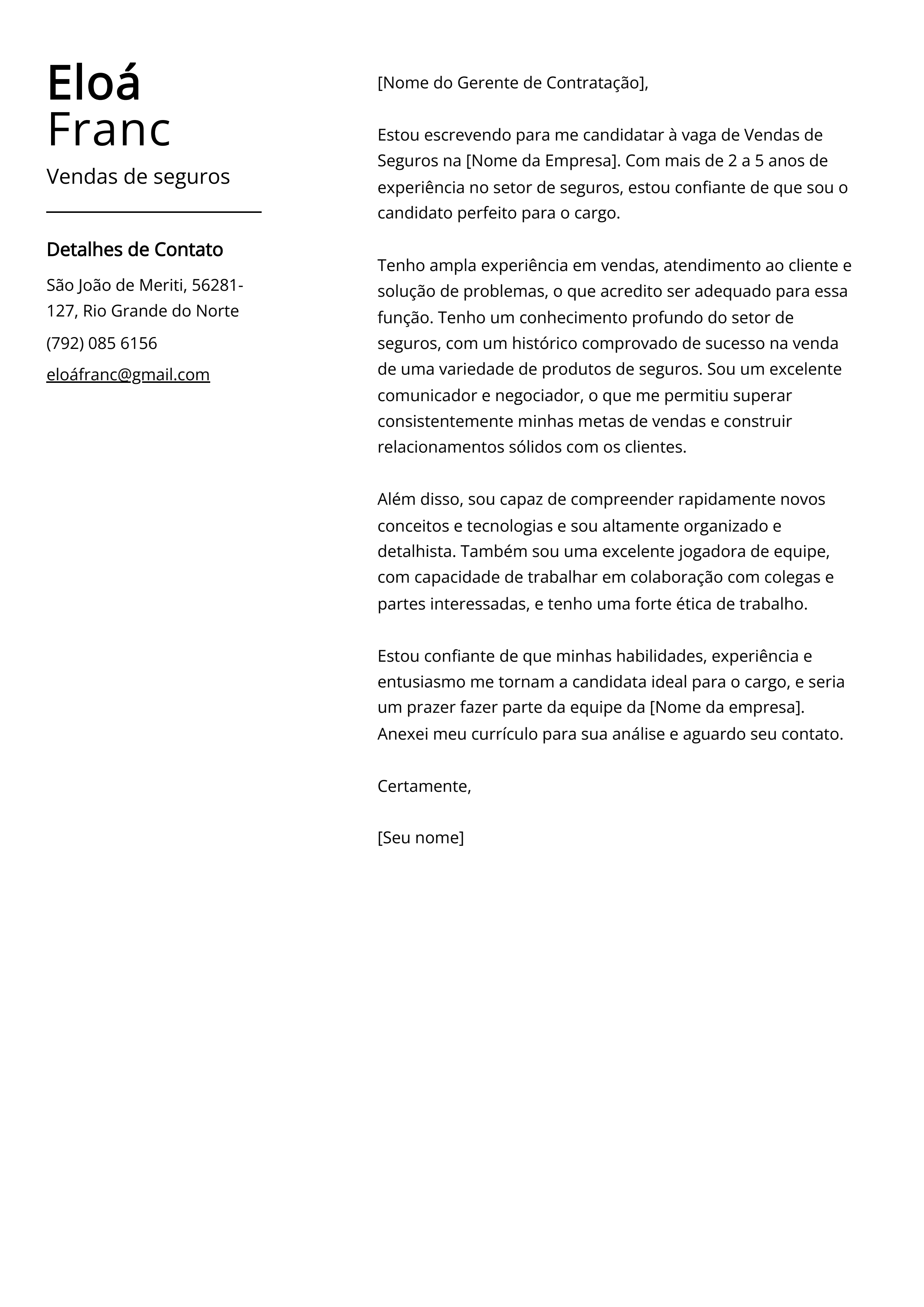 Vendas de seguros Cover Letter Example