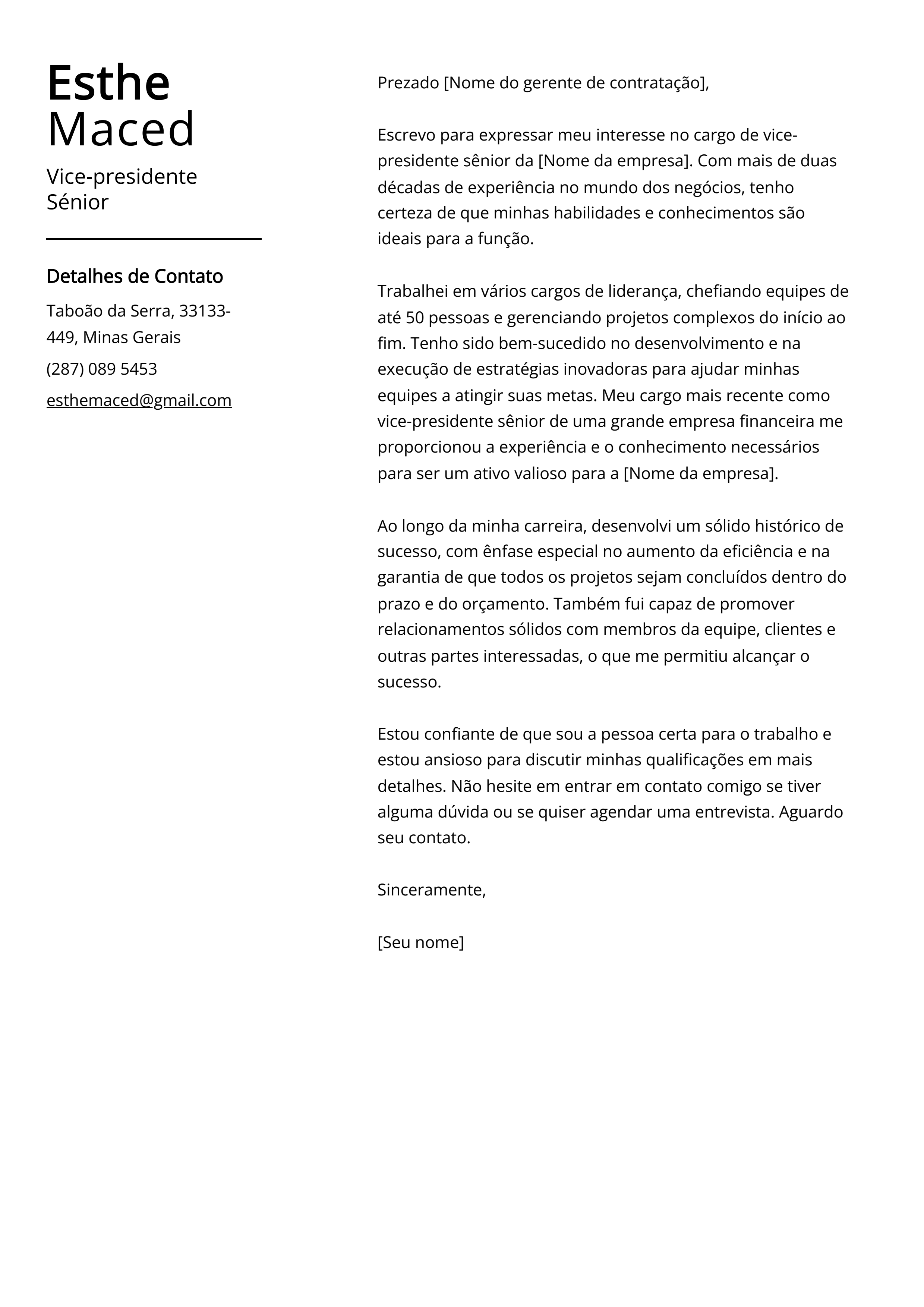 Exemplo de carta de apresentação do Vice-presidente Sênior