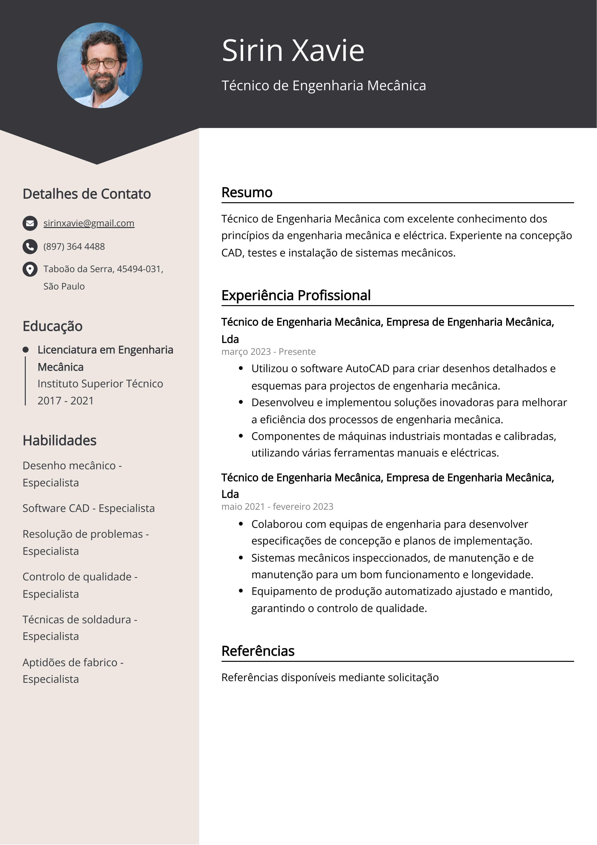 Exemplo de currículo de técnico de engenharia mecânica