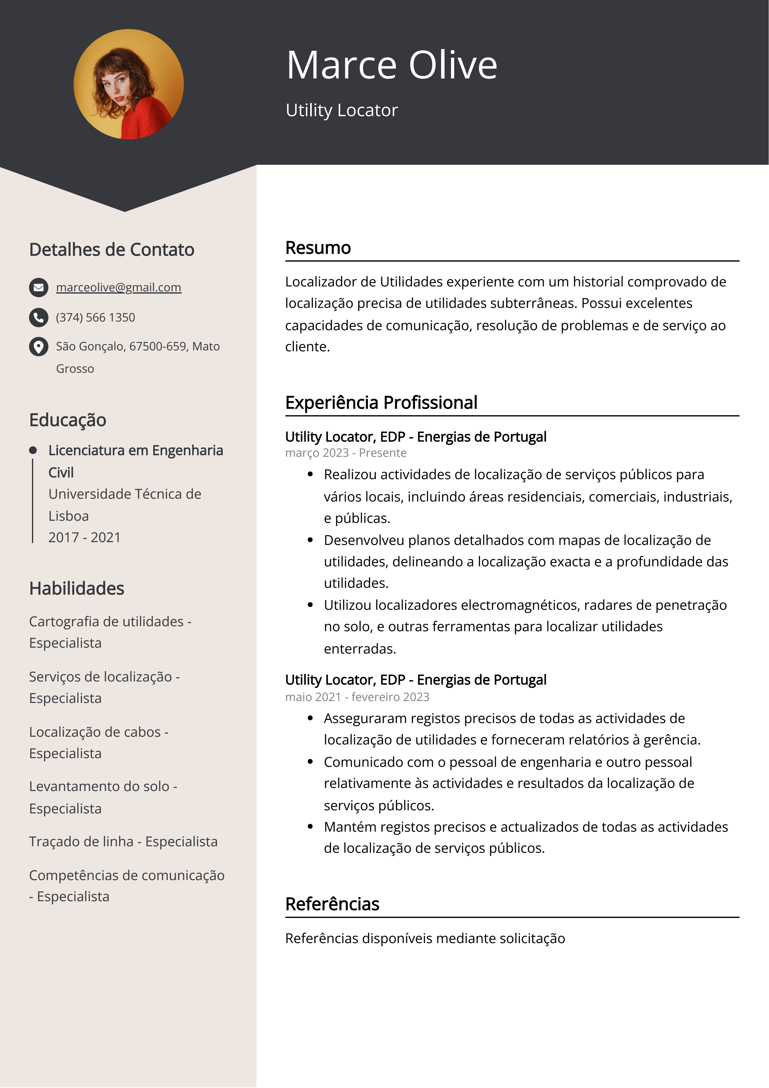 Exemplo de currículo de Utility Locator