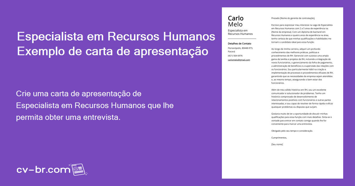 Carta De Apresentação Especialista Em Recursos Humanos Exemplo E Guia Empregos De Nível Básico 8741