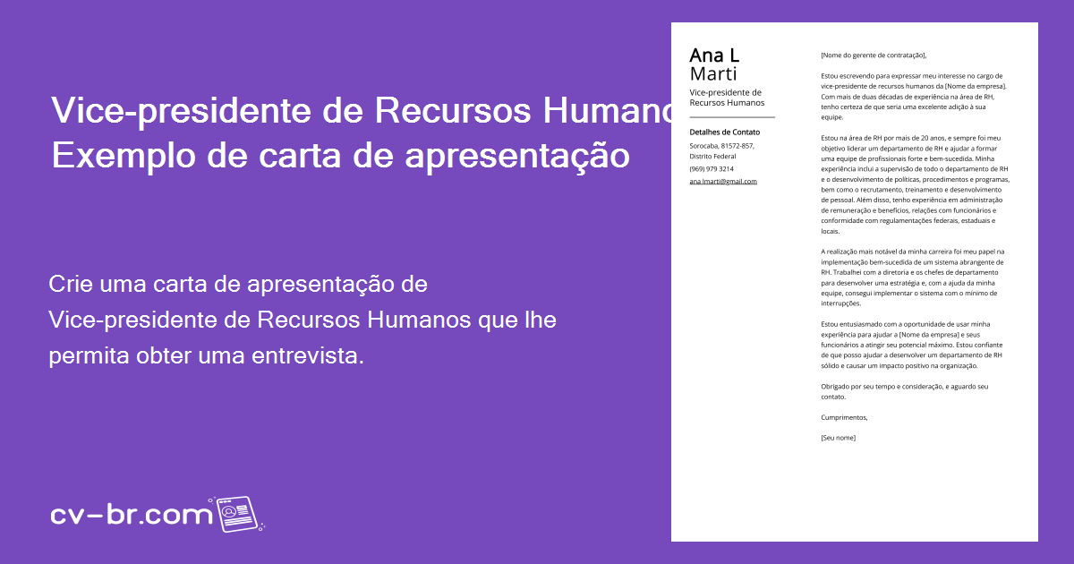 Vice-presidente de Recursos Humanos Exemplos e guia de cartas de ...