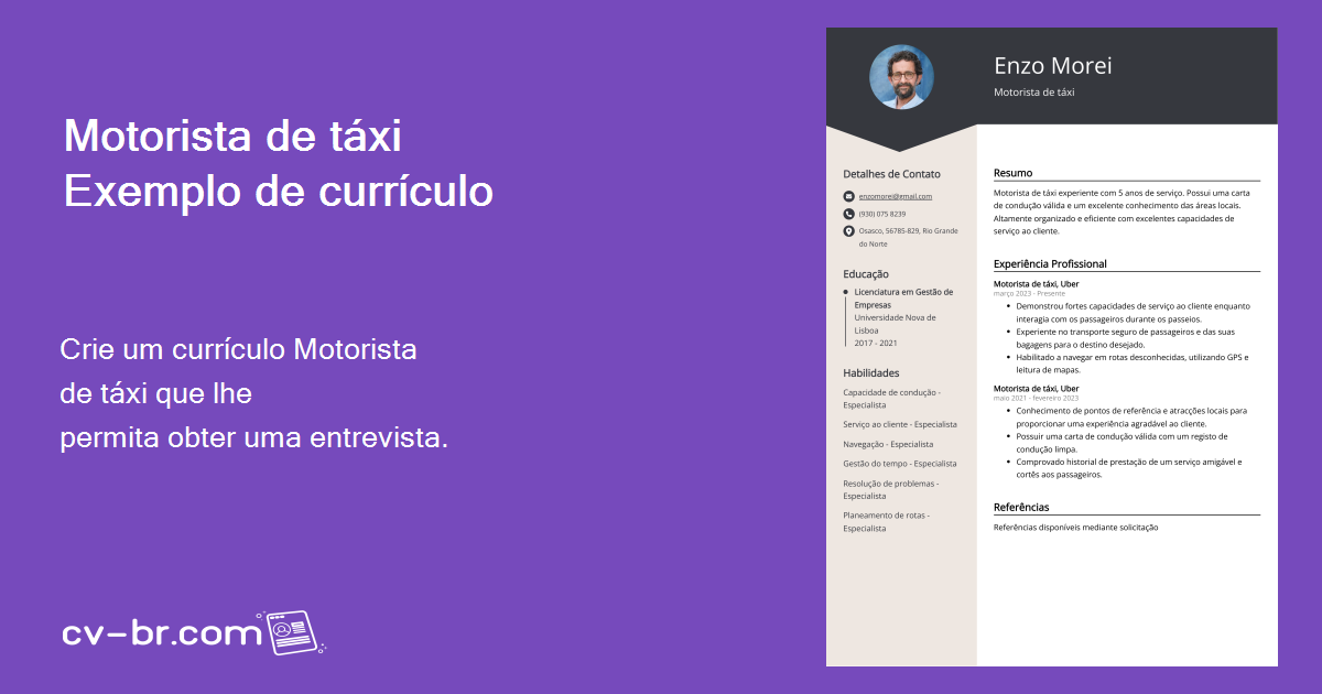 Exemplo de currículo de motorista de táxi (guia gratuito)